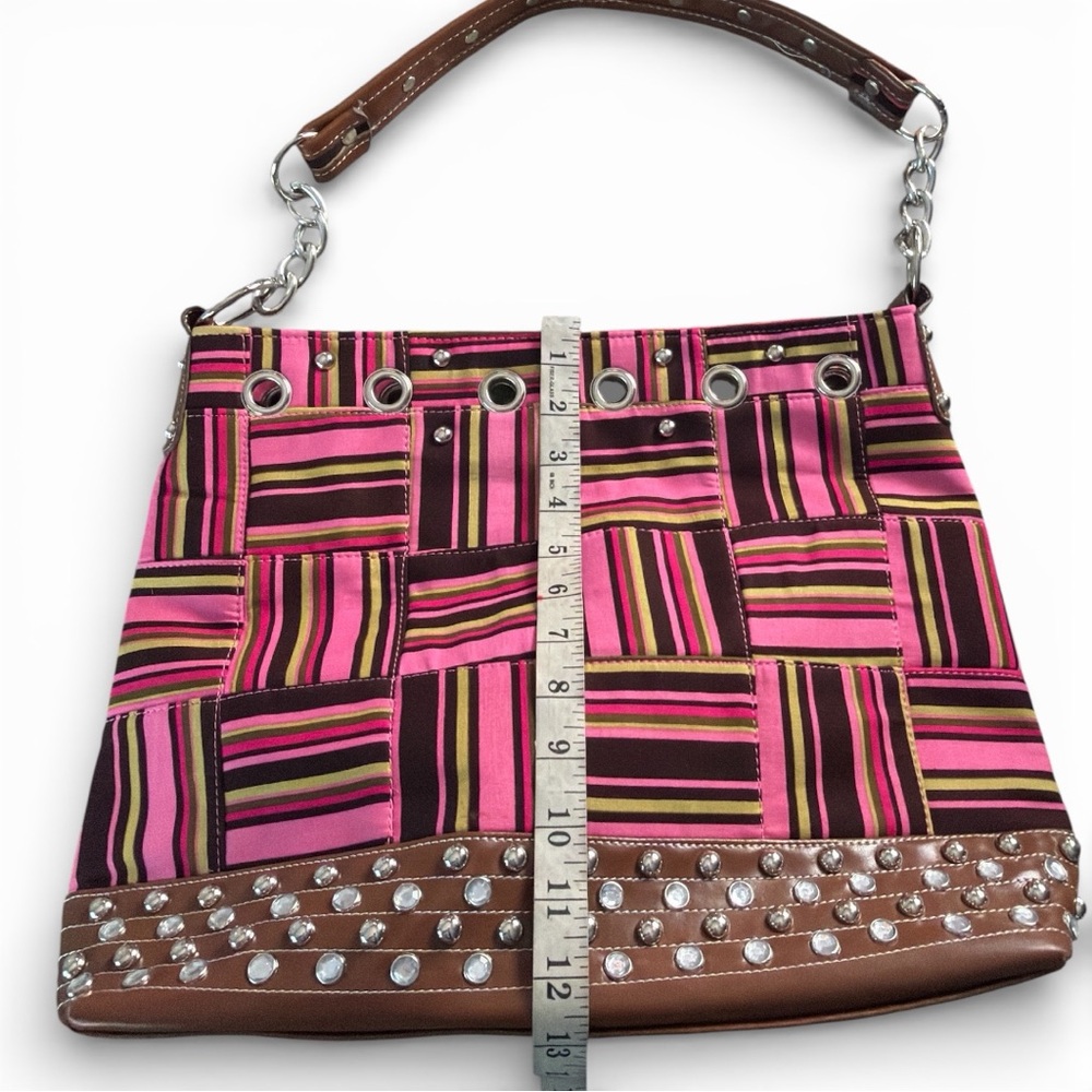 Pink Striped Vegan Leather Studded Bag Rhinestone Glam |Statement Purse Like New - Picture 13 of 17